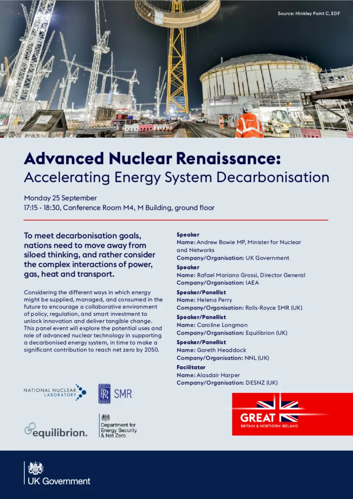 Flyer for the side event Advanced Nuclear Renaissance: Accelerating Energy System Decarbonisation, Monday 25 September, 17:15 to 18:30, Conference Room M4, M Building, ground floor, with the speakers and panellists listed.